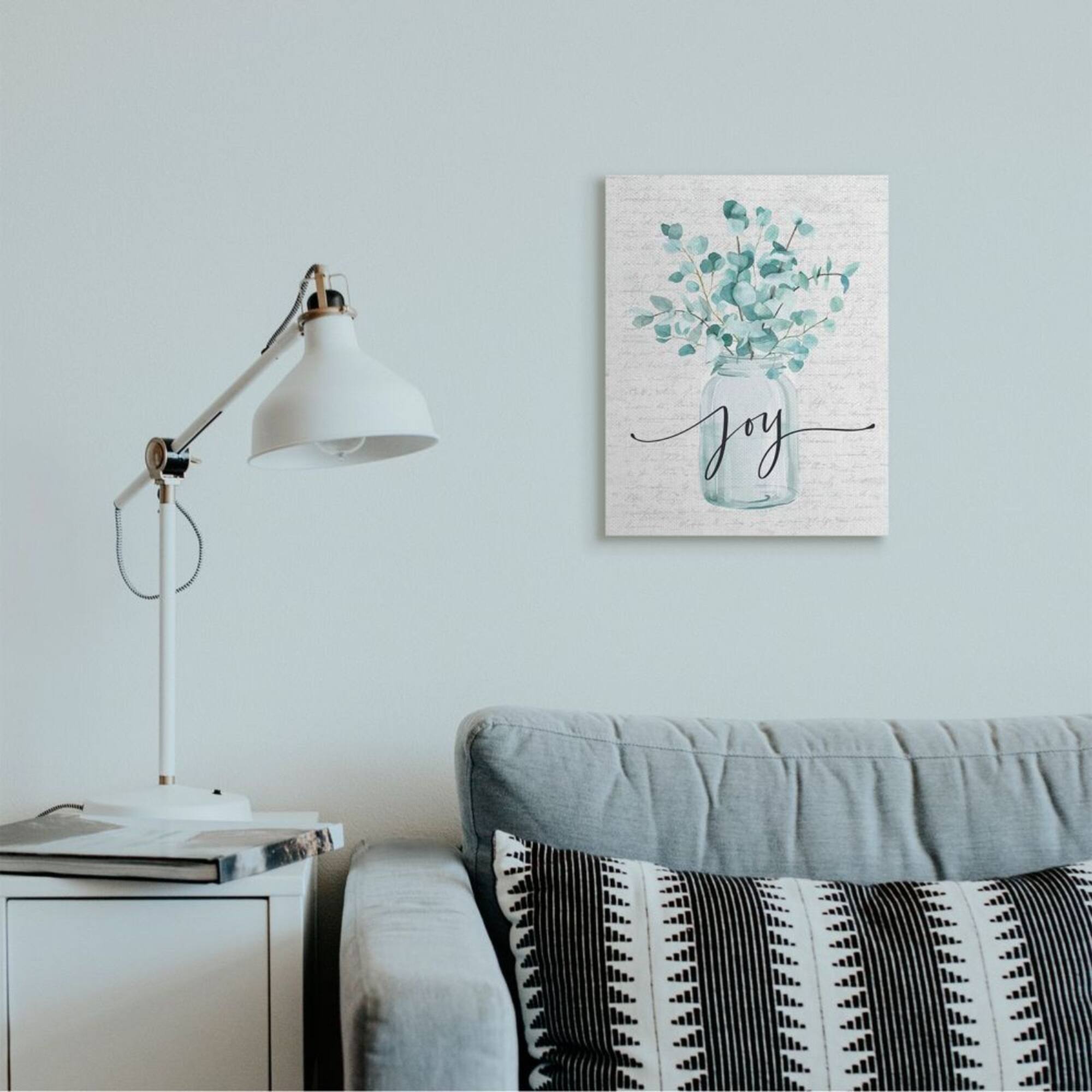 Stupell Industries Aqua Blue Plant Leaves In Joy Jar Canvas Wall Art
